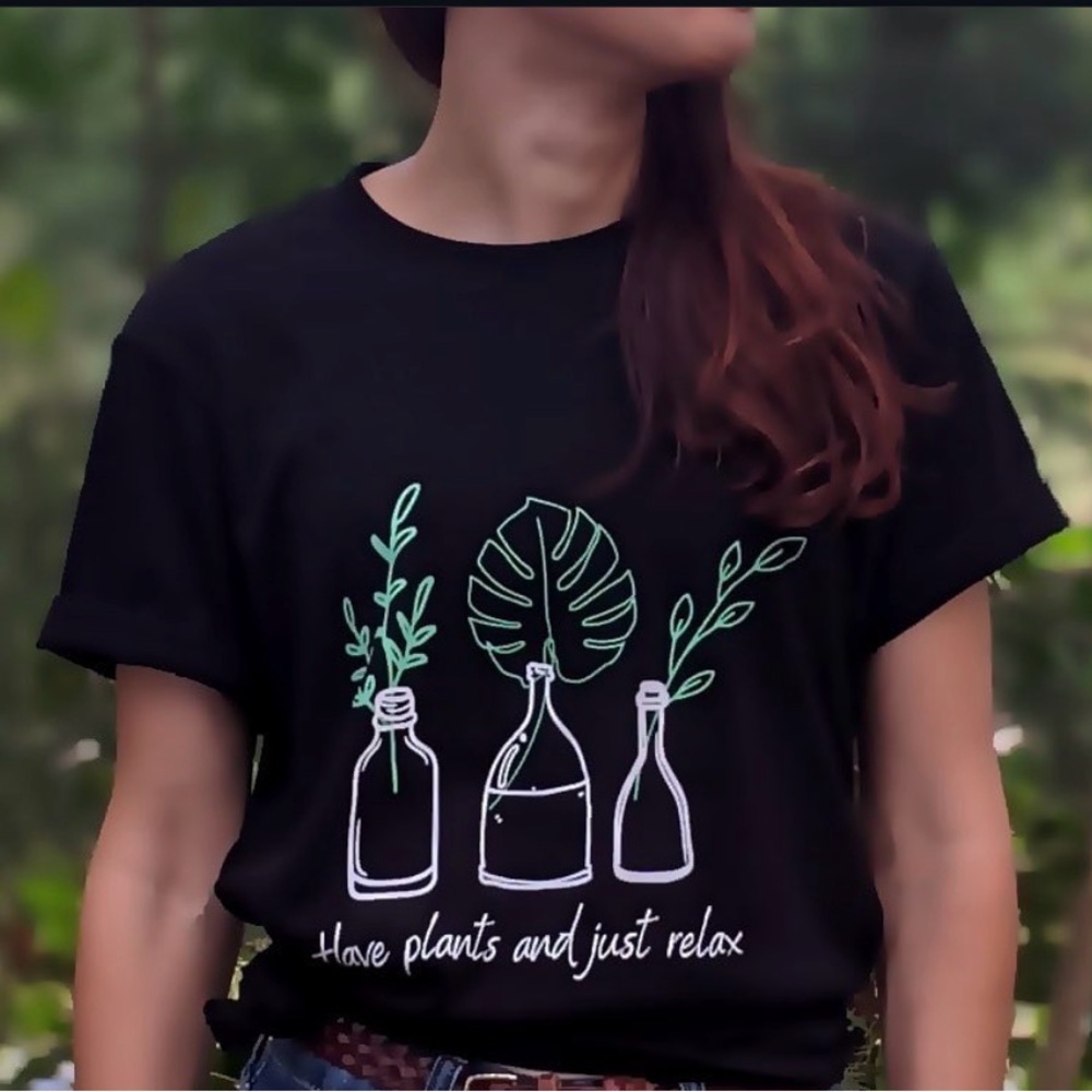 Black Graphic Tee with Plant Design